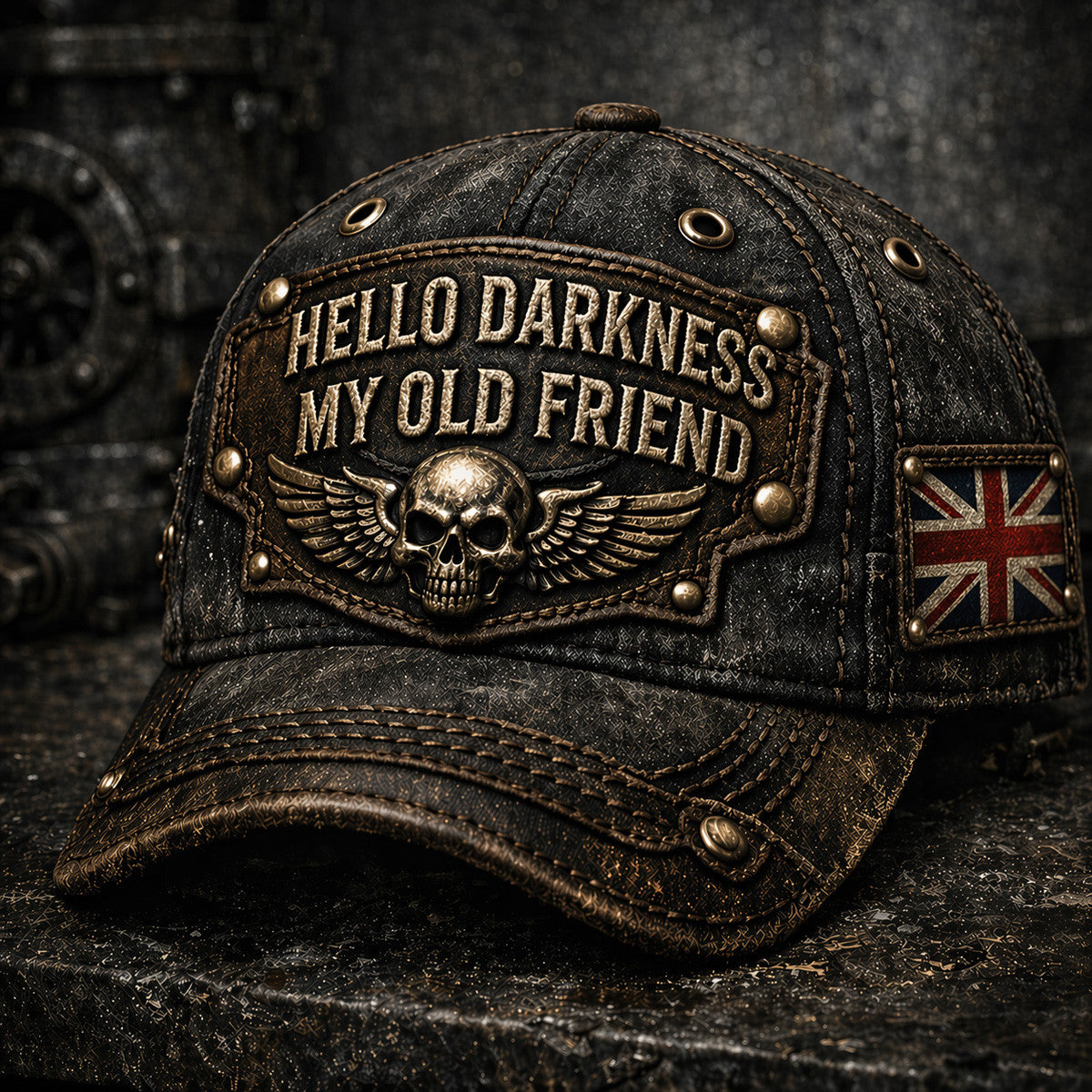 Hello Darkness My Old Friend Skull Wings UK Flag Printed Cap Father Day Gift Funny Quote Vintage Style Hat for Dad Biker Design