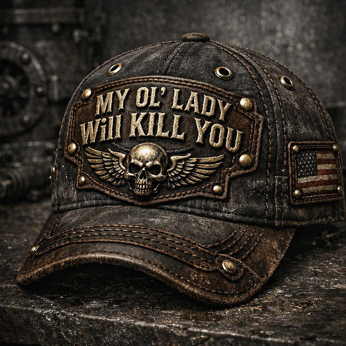 My Ol Lady Will Kill You Skull Wing Printed Cap USA Flag Biker Hat Vintage Style Gift for Dad Father’s Day Husband Gift Motorcycle Lover