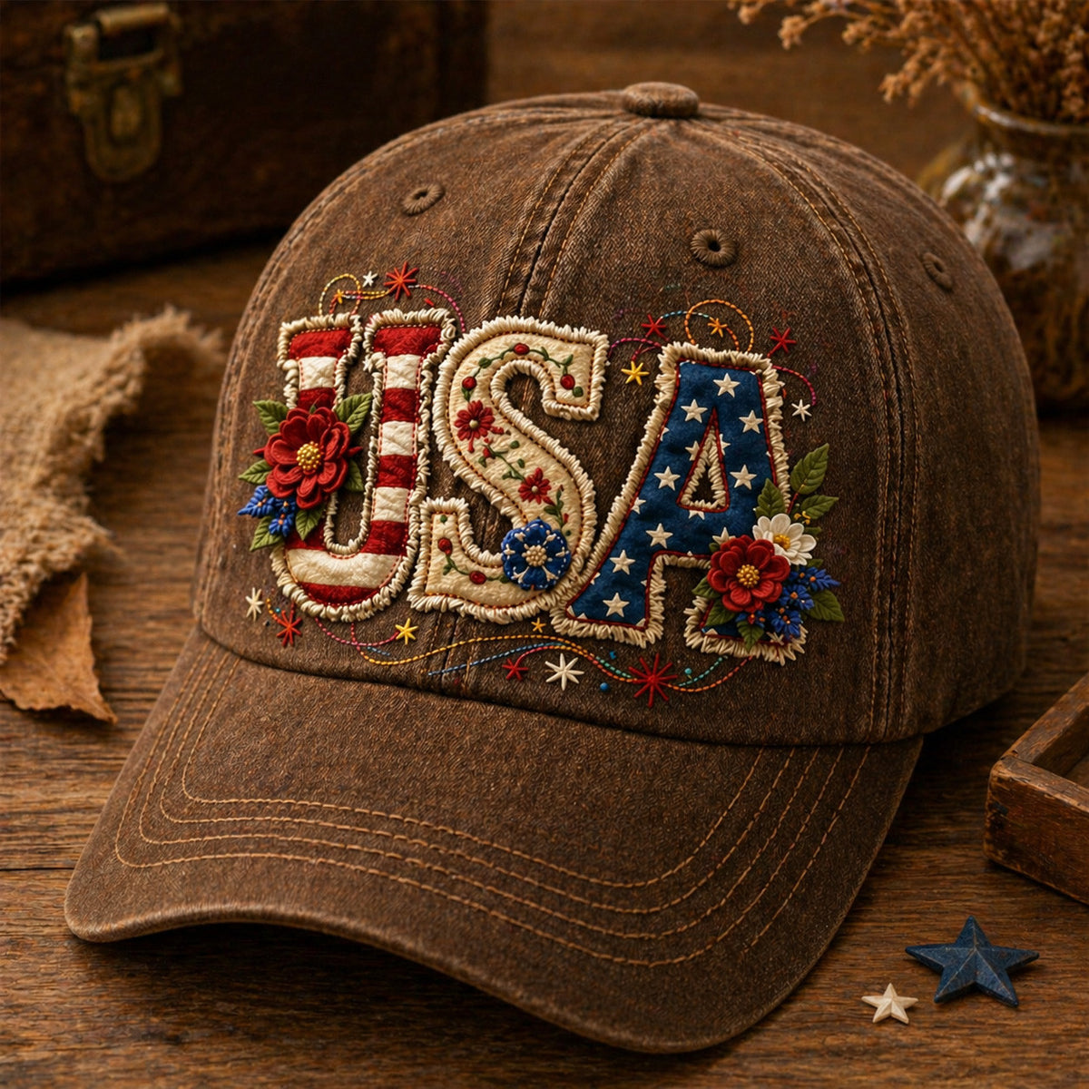 USA Letter Floral Flag Printed Cap Brown Vintage Style Patriotic America Hat Gift for Dad Father’s Day 4th of July US Flag