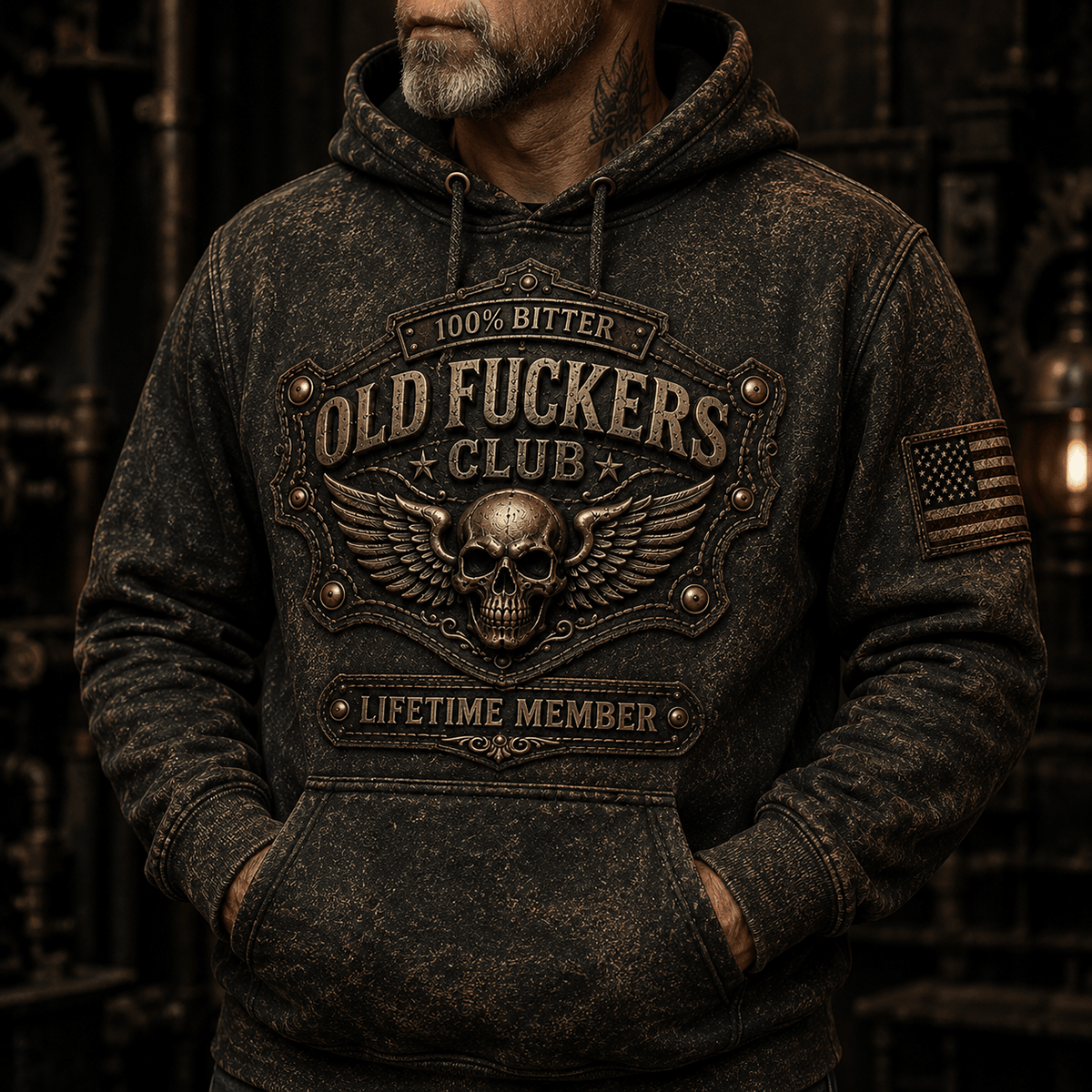 Bitter Old Club Printed Hoodie, Winged Skull Lifetime Member Design, Father’s Day Gift for Dad Grandpa, Funny Hoodie