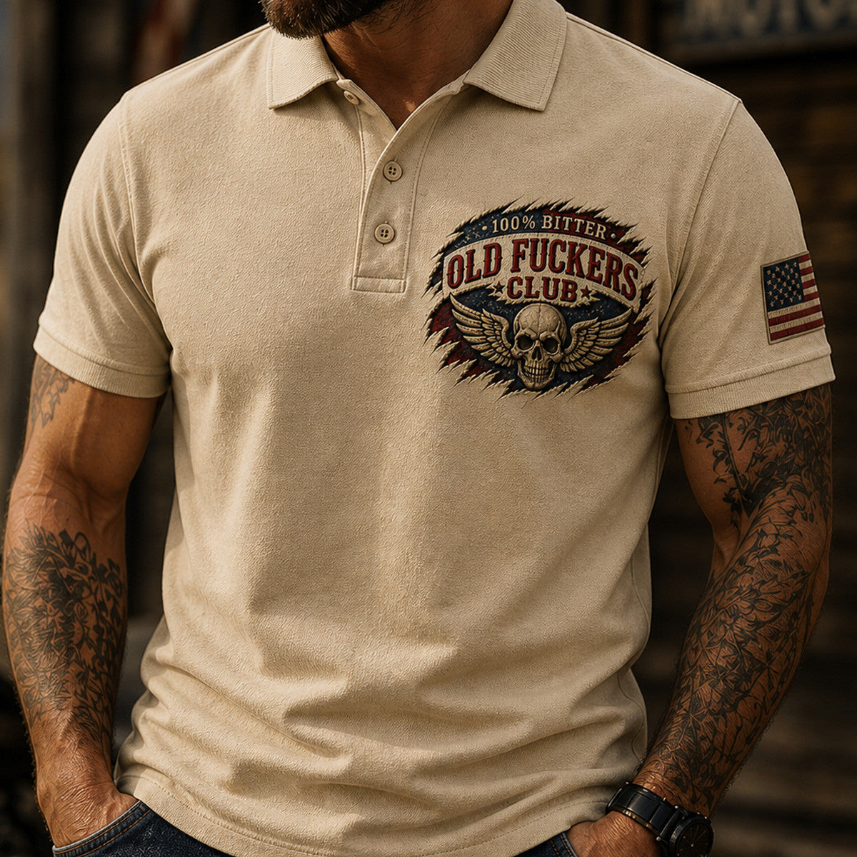 Old Fuckers Club Skull Printed Polo Shirt, Biker Polo, American Flag, Funny Father’s Day Gift for Dad, Motorcycle Dad Gift