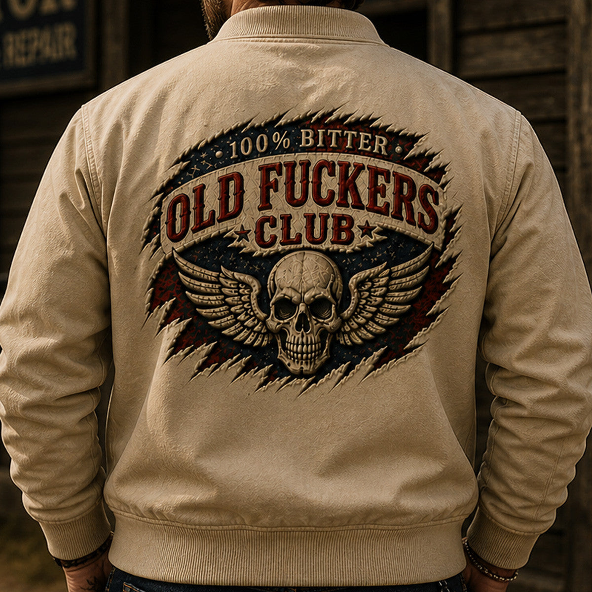 Old Fuckers Club Skull Printed Bomber Jacket, Biker Jacket, American Flag, Funny Father’s Day Gift for Dad, Motorcycle Dad Gift