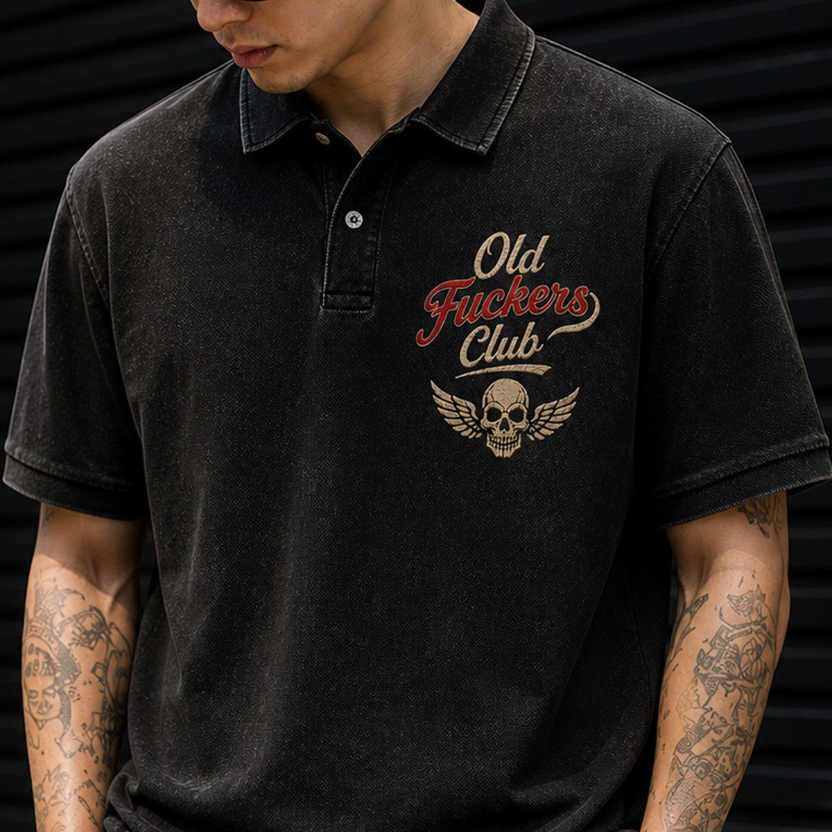 Old Fuckers Club Skull Printed Polo Shirt, Vintage Biker Polo, Funny Father’s Day Gift for Dad, Grandpa Gift