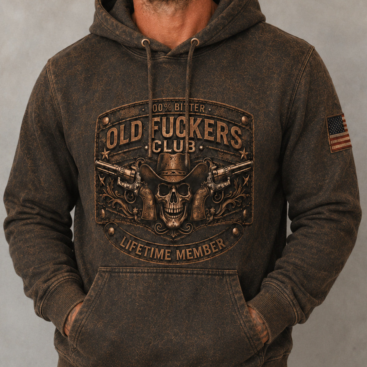 Old Fuckers Club Printed Hoodie, Bitter Lifetime Member Cowboy Skull Guns Sweatshirt, Gift for Dad Grandpa Men