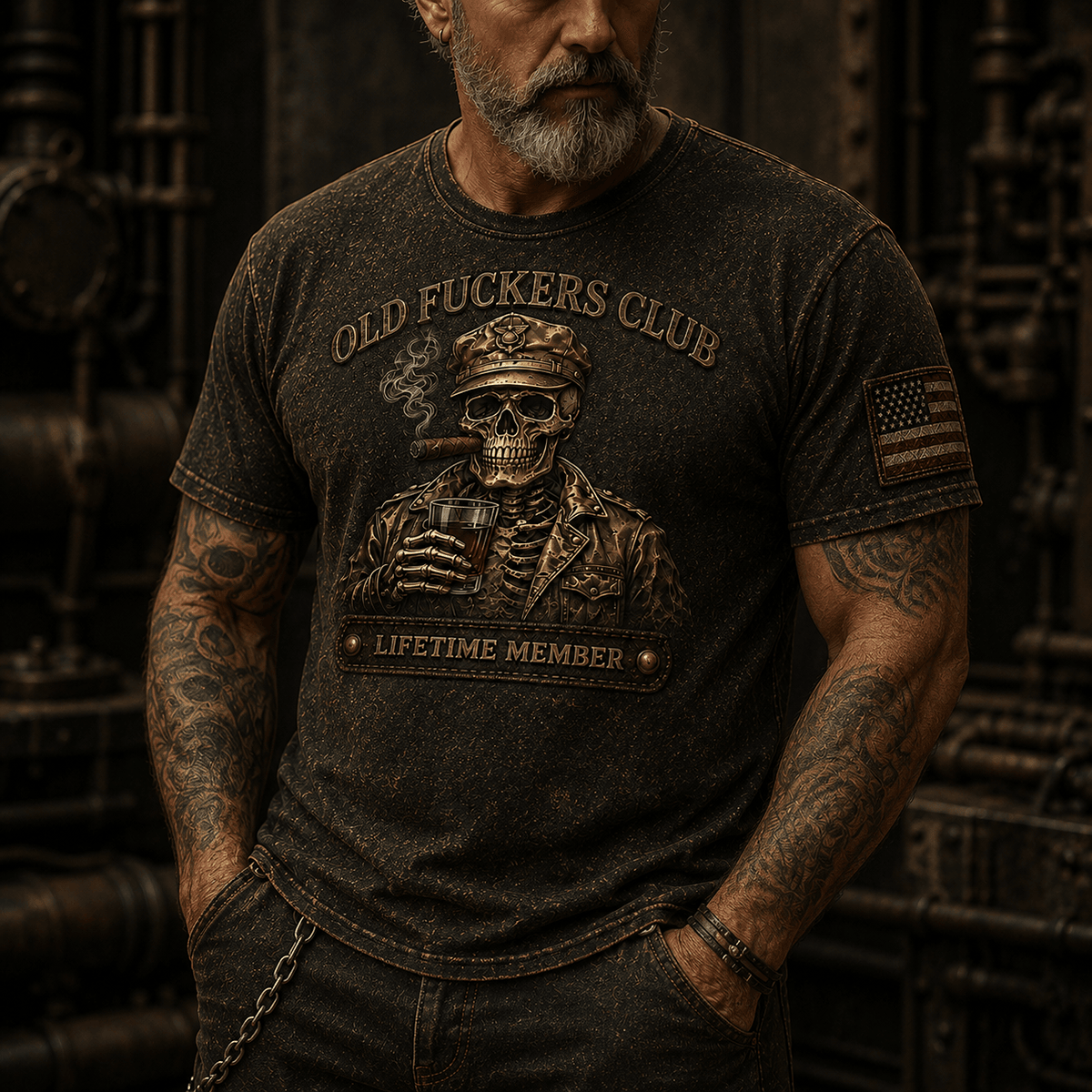 Old Fuckers Club Lifetime Member Printed T-Shirt, Father’s Day Gift for Dad, Vintage Biker Skull Smoking Cigar Whiskey Design