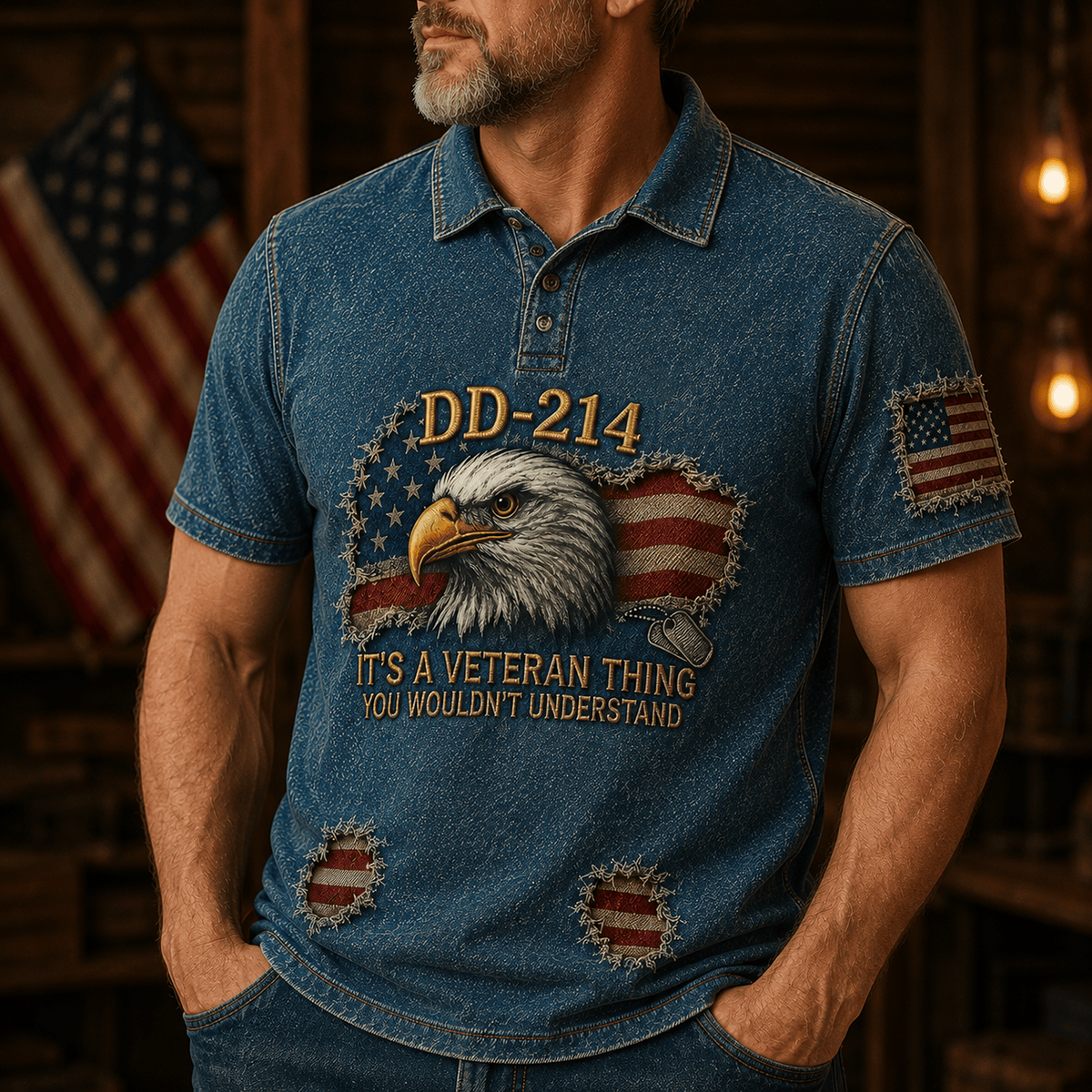 DD-214 Veteran Thing printed Polo Shirt, Patriotic Eagle American Flag, Father’s Day Gift for Dad, Veteran Grandpa Husband Gift for Men, US