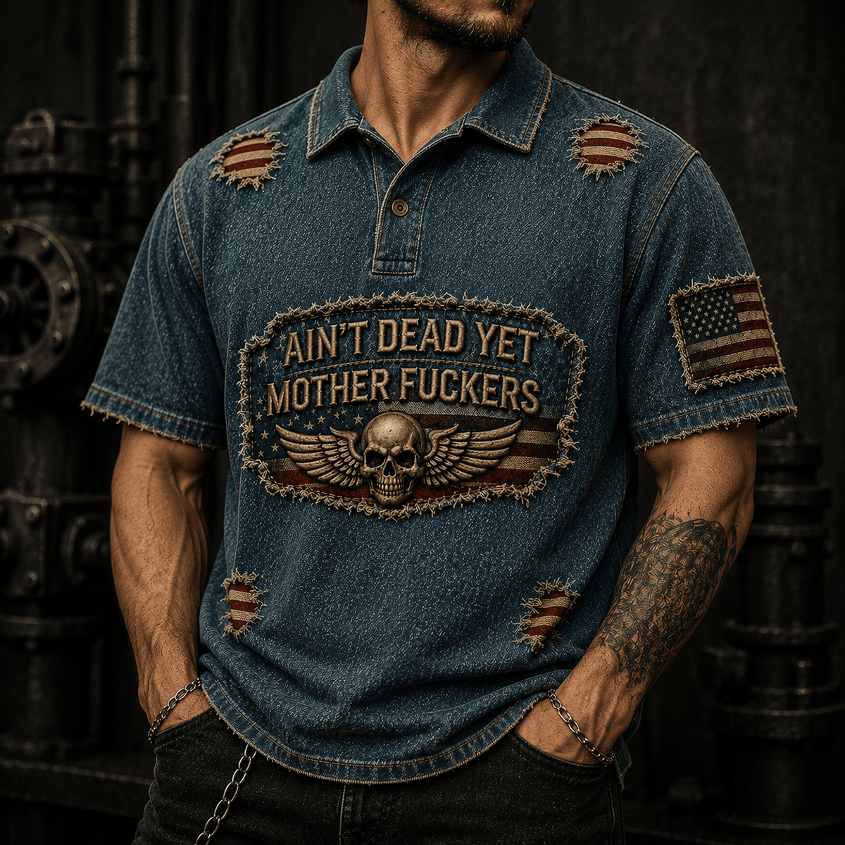 Ain't Dead Yet Skull printed Polo Shirt, Funny Patriotic American Flag Top, Father's Day Gift for Dad, Biker Veteran Dad Gift for Men