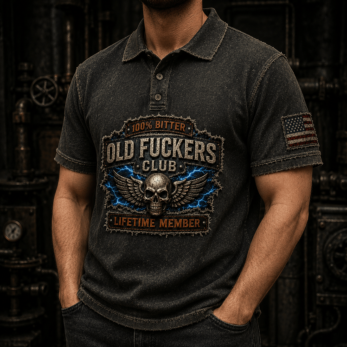 Old Biker Skull Club printed Polo Shirt, Funny Skull Top, Lightning Graphic, Father's Day Gift for Dad, Grandpa Gift for Men