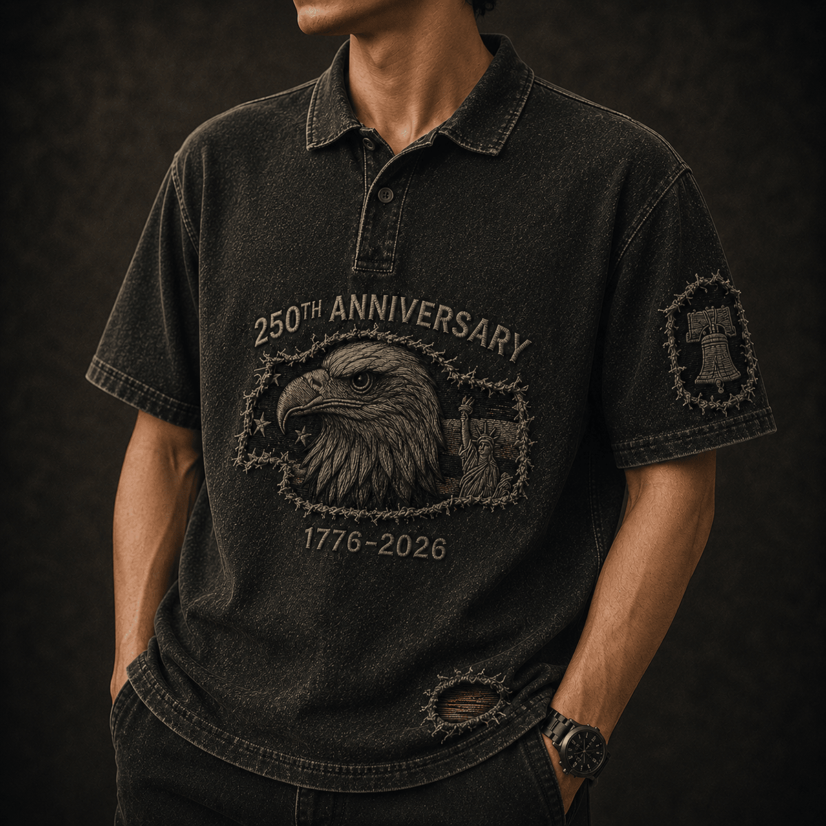 250th Anniversary Printed Polo Shirt, American Eagle USA Flag, 1776 2026 Patriotic Father’s Day Gift for Dad