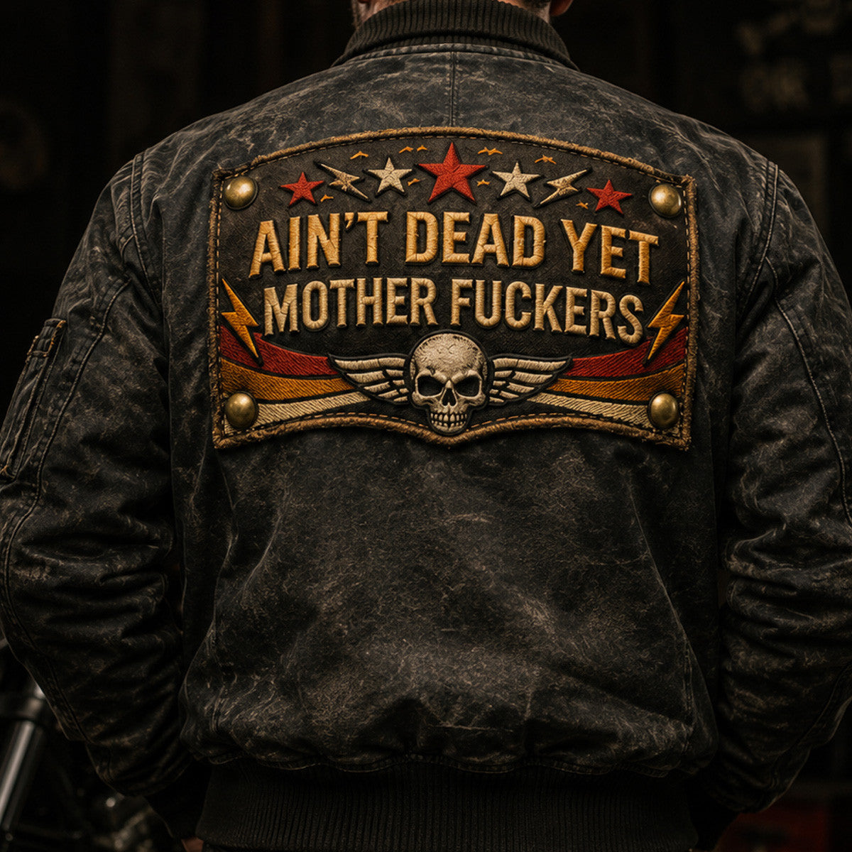 Ain’t Dead Yet Mother Fuckers Printed Bomber Jacket Skull Graphic Funny Dad Jacket Father’s Day Gift for Dad Grandpa Gift for Him Men