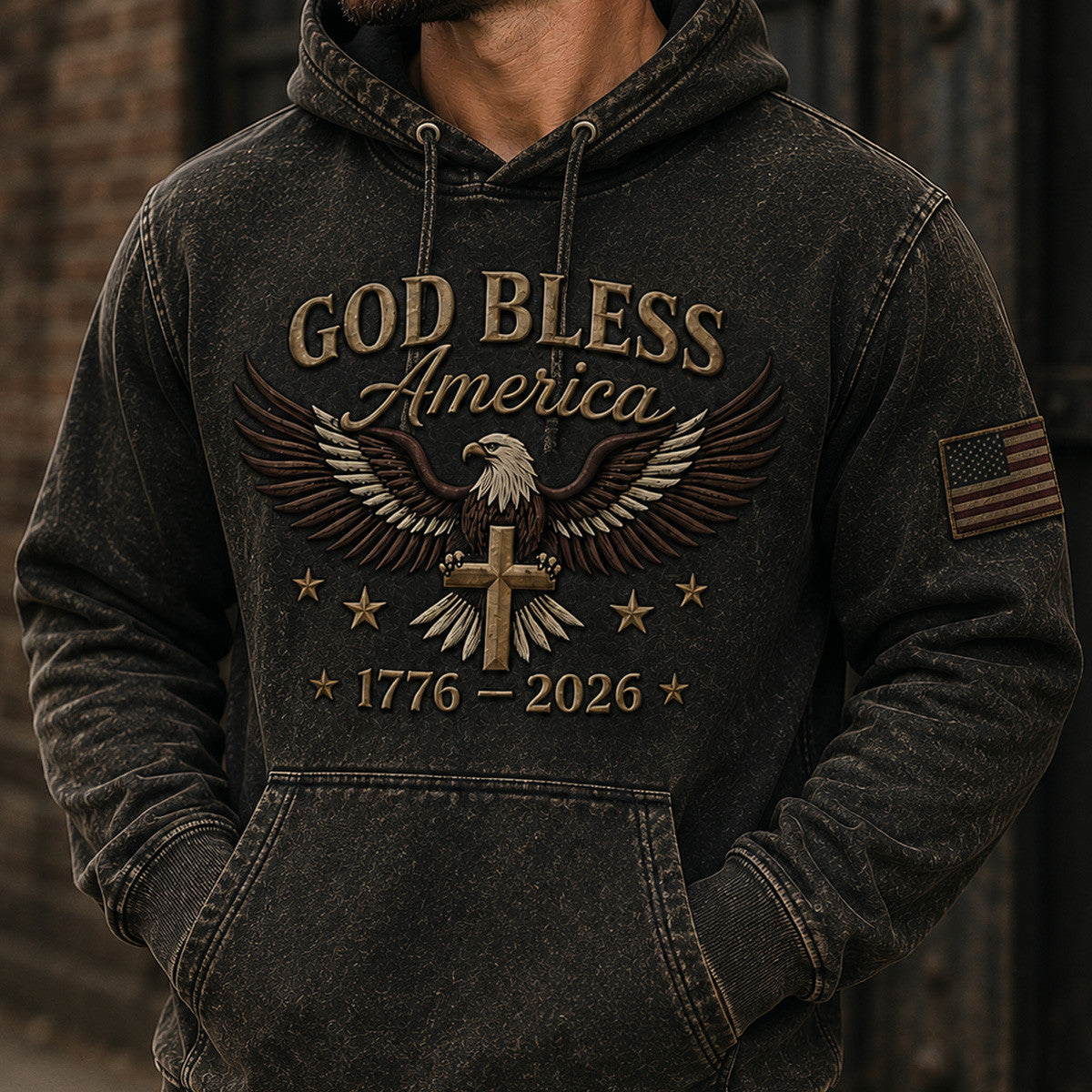 God Bless America 1776 2026 Printed Hoodie American Eagle Cross USA Flag Patriotic Father’s Day Gift for Dad Grandpa Men