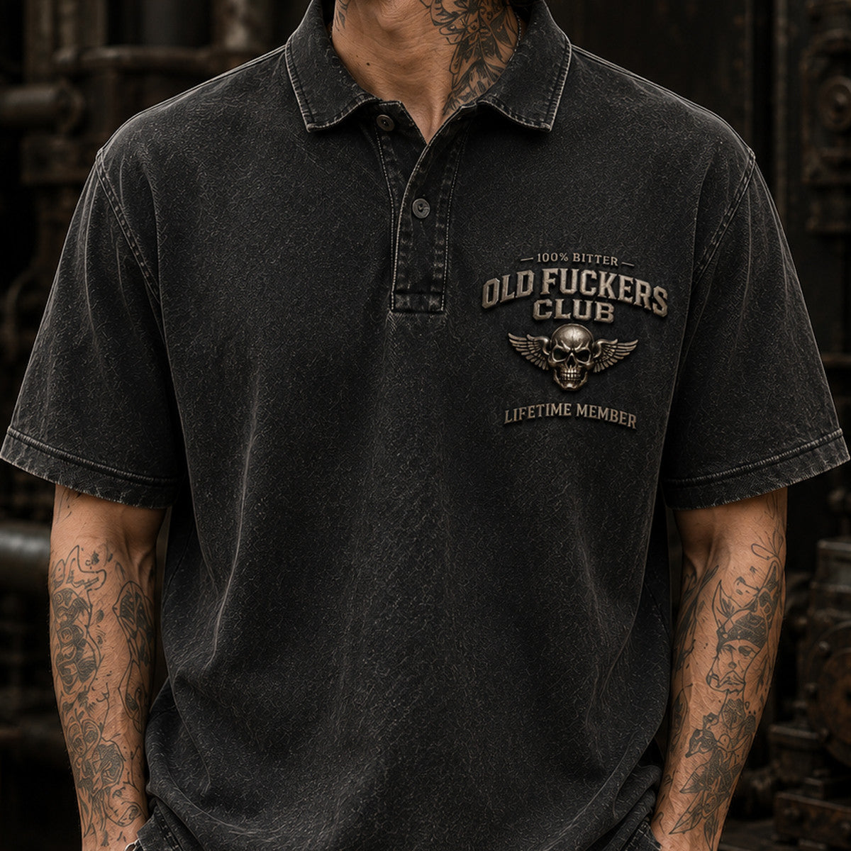 Old Fuckers Club Printed Polo Father’s Day Gift for Dad, Skull Wings Lifetime Member, Funny Grandpa Gift