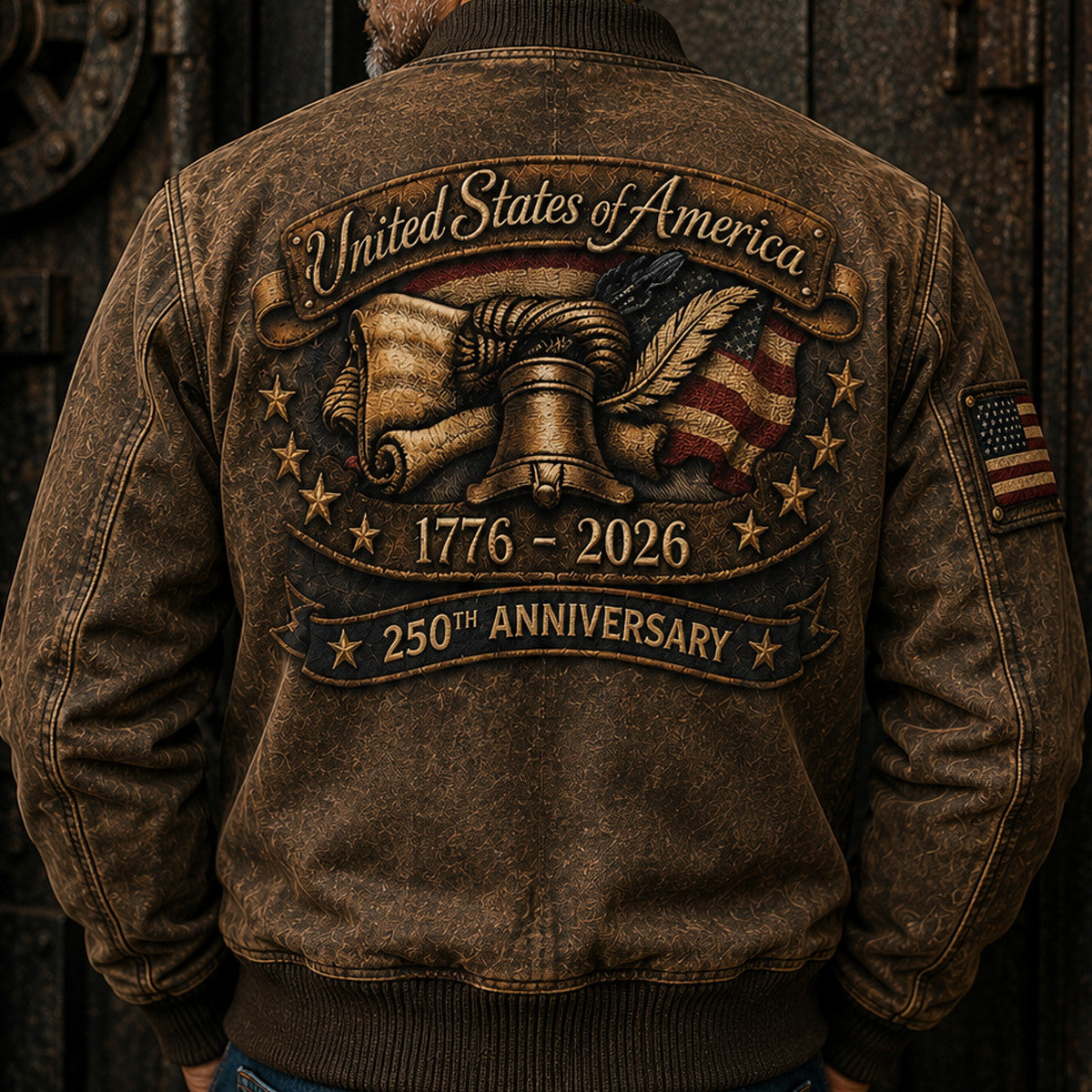 United States 250th Anniversary Printed Bomber Jacket Father’s Day Gift for Dad, Liberty Bell USA Flag Coat, 1776 2026 Patriotic Gift