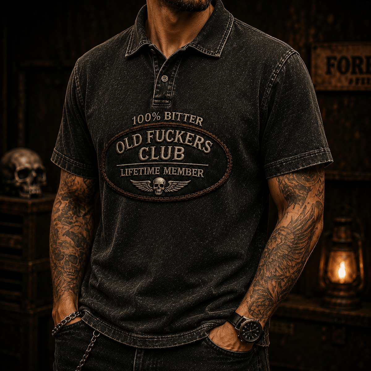 Old Fuckers Club Printed Vintage Polo Shirt with Skull Wings Graphic, Biker Polo Gift for Dad Father’s Day