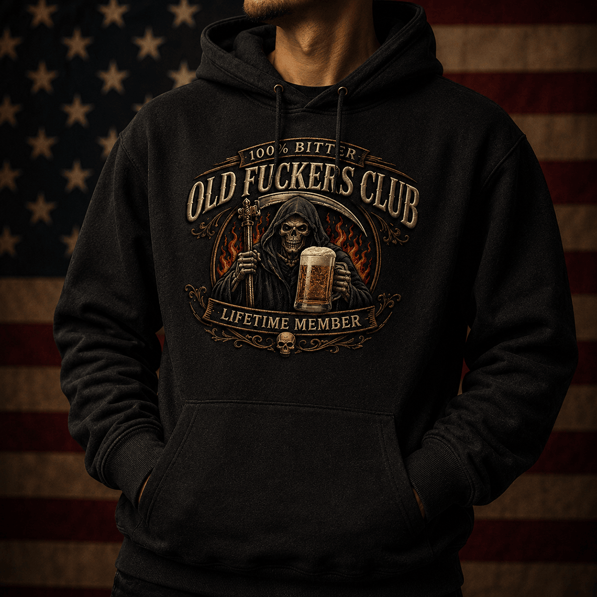 Old Fuckers Club Printed Vintage Hoodie with Grim Reaper Beer Graphic, Biker Hoodie Gift for Dad Father’s Day