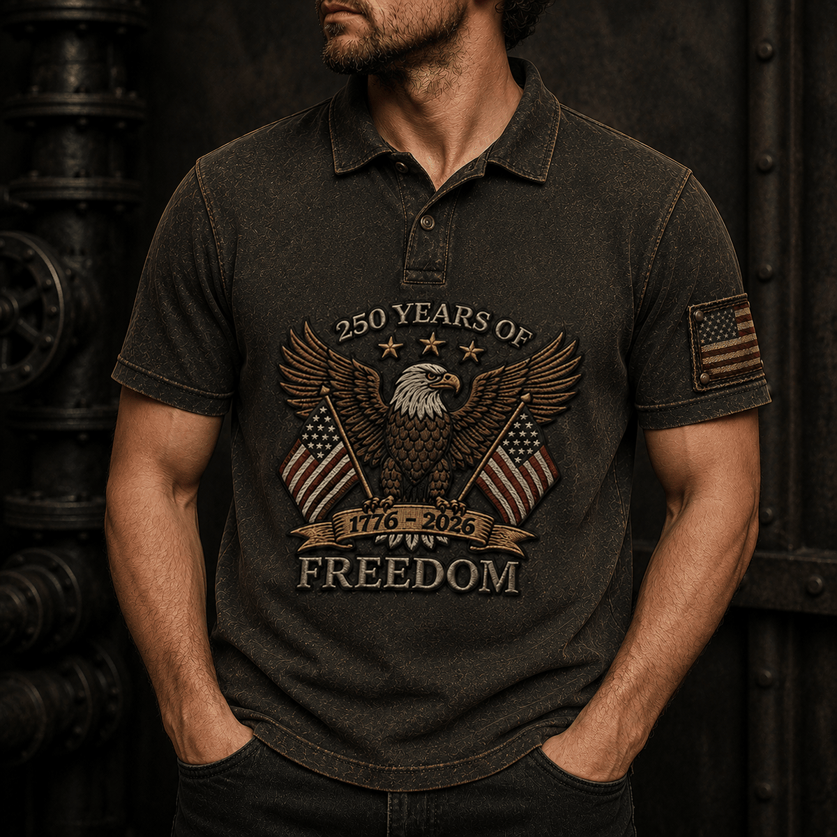 250 Years Of Freedom 1776-2026 Printed Polo Shirt Patriotic Eagle USA Polo Gift for Father’s Day Veterans