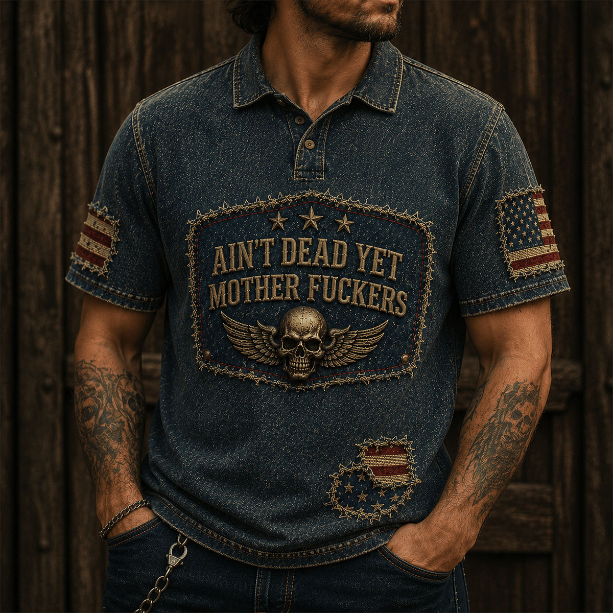 Ain’t Dead Yet Mother Fuckers Printed Polo Shirt Skull American Flag Patriotic Gift For Dad Grandpa Veteran USA