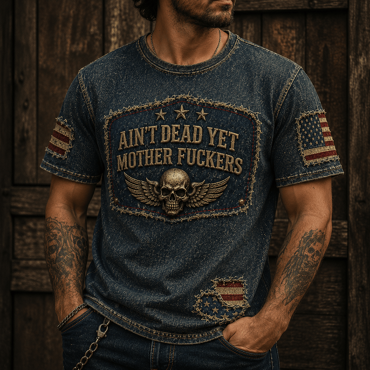 Ain’t Dead Yet Mother Fuckers Printed T Shirt Skull American Flag Patriotic Gift For Dad Grandpa Veteran Biker USA