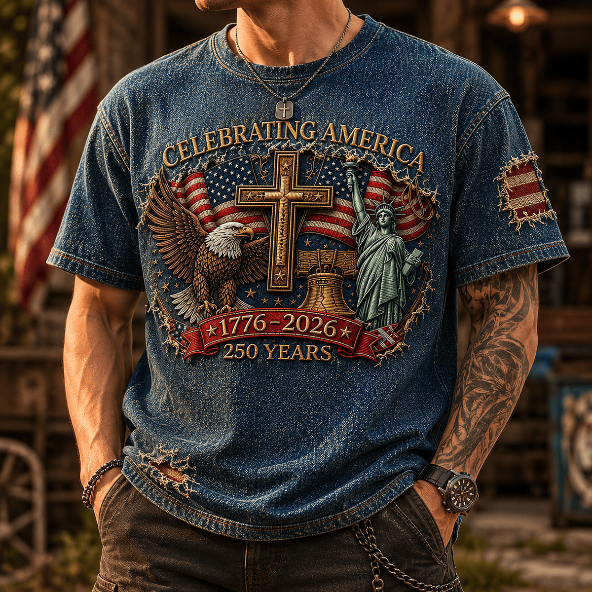 Celebrating America 1776–2026 250 Years Printed T Shirt Eagle Cross Patriotic Christian USA Gift For Grandpa Veteran
