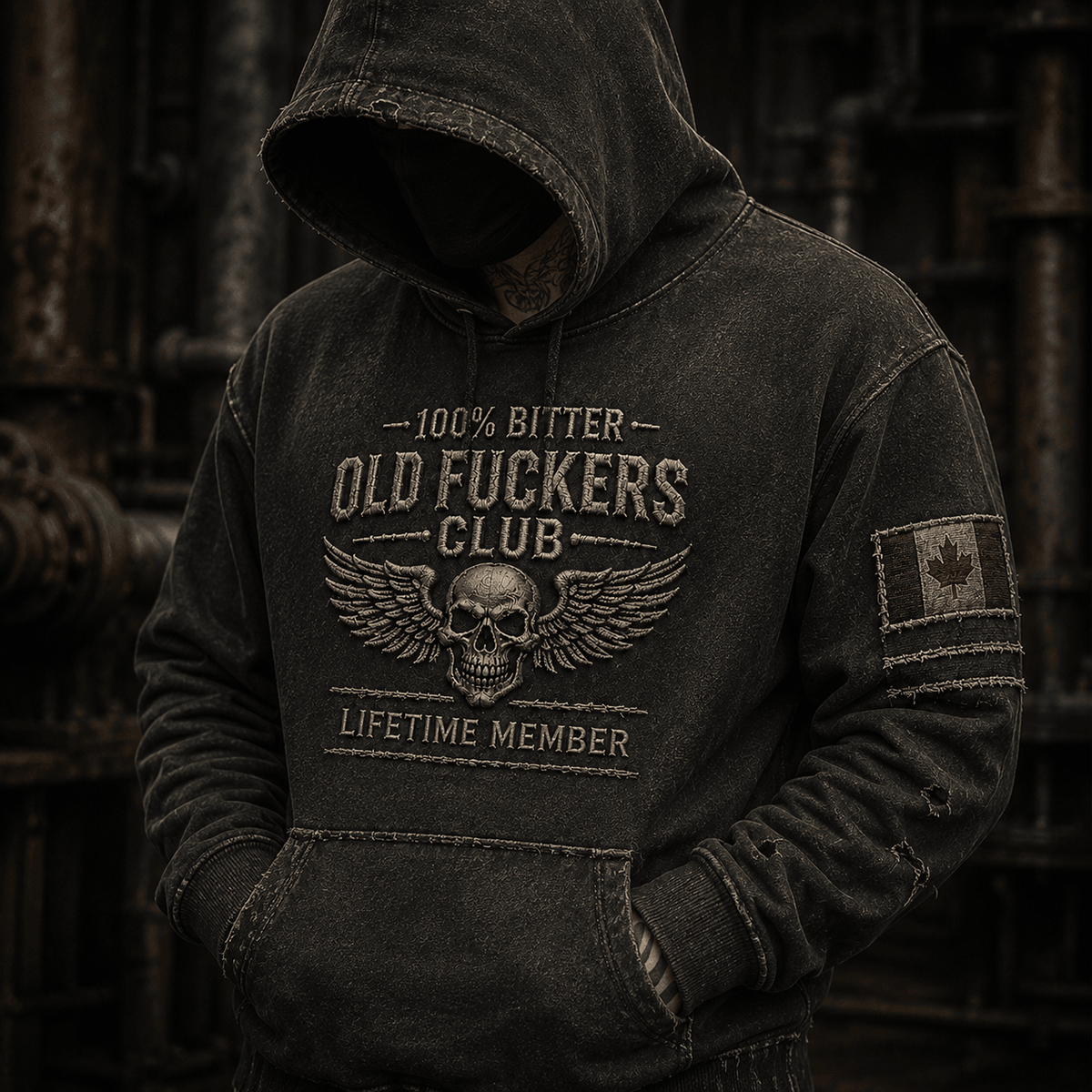 Bitter Old Fuckers Club Lifetime Member Printed Hoodie Skull Canadian Flag Gift For Grandpa Dad