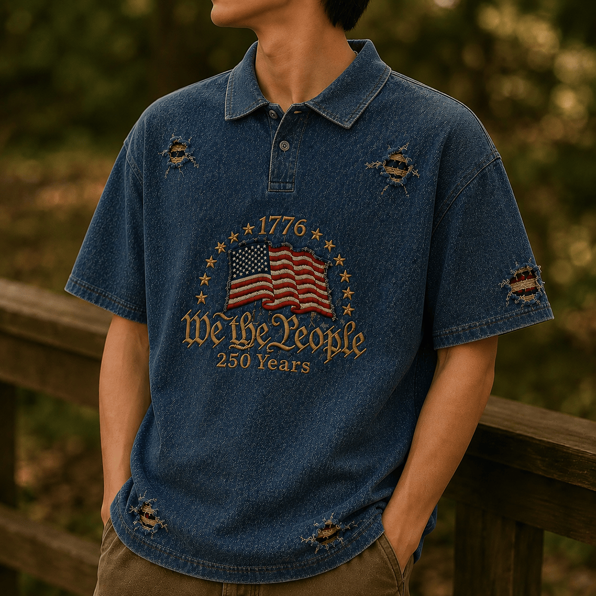 1776 We The People 250 Years Printed Polo Shirt Patriotic Gift for Father’s Day USA Flag Vintage Short Sleeve Polo