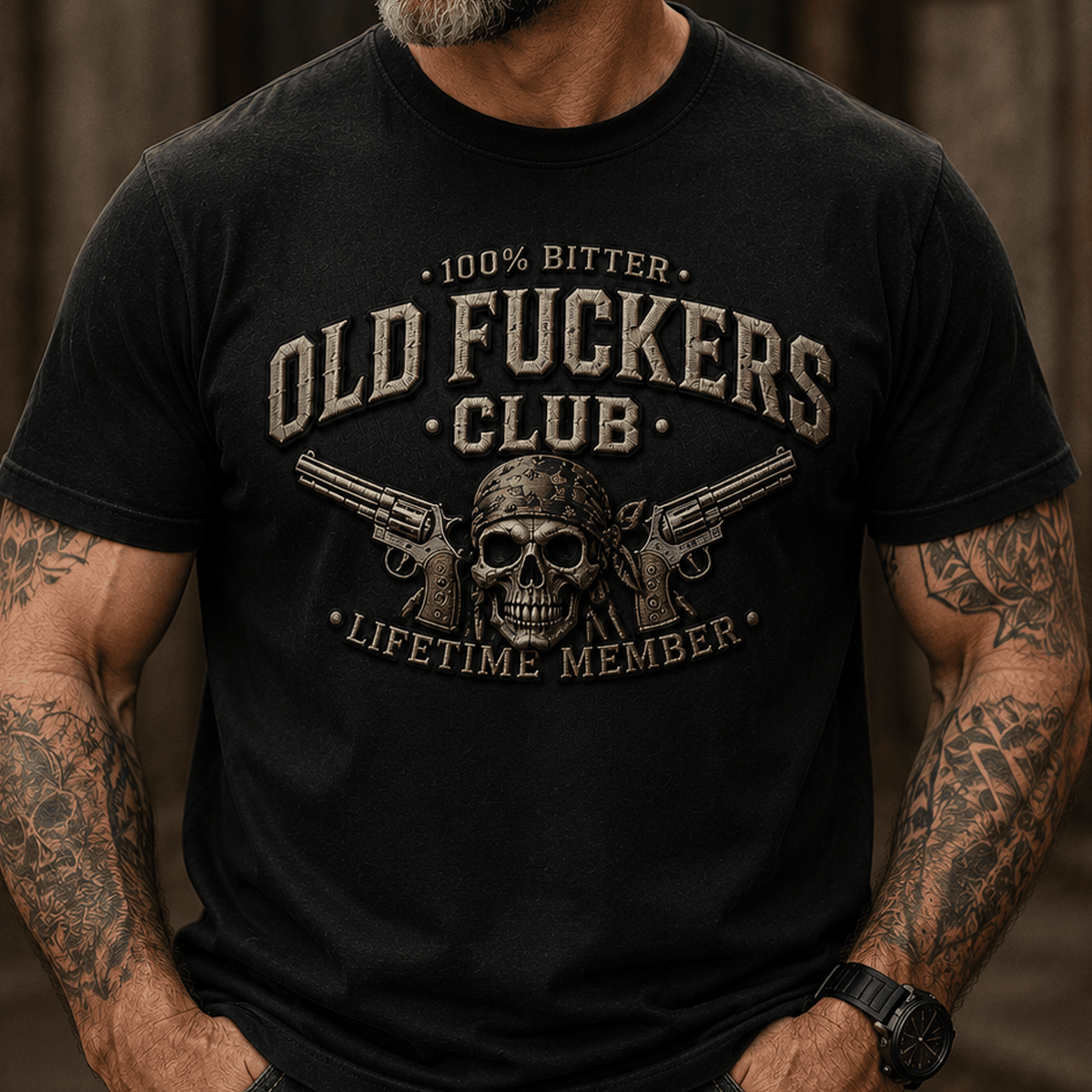 Old Fuckers Club Lifetime Member Printed T-Shirt Skull Revolver Funny Grandpa Shirt Father's Day Gift for Dad Veteran Biker