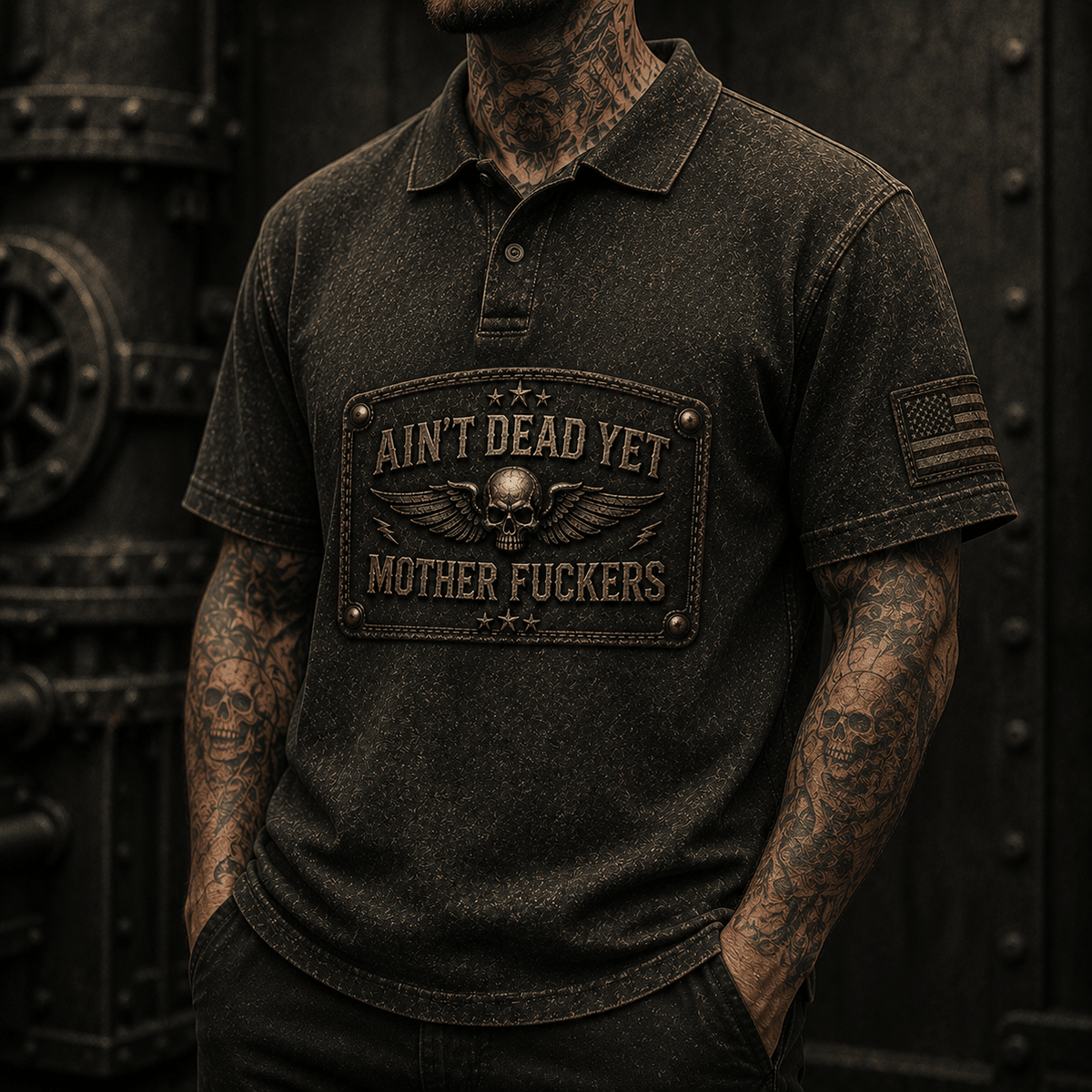 Ain't Dead Yet Mother Fuckers Printed Polo Shirt Skull Wings Graphic Patriotic Father's Day Gift for Dad Grandpa Veteran