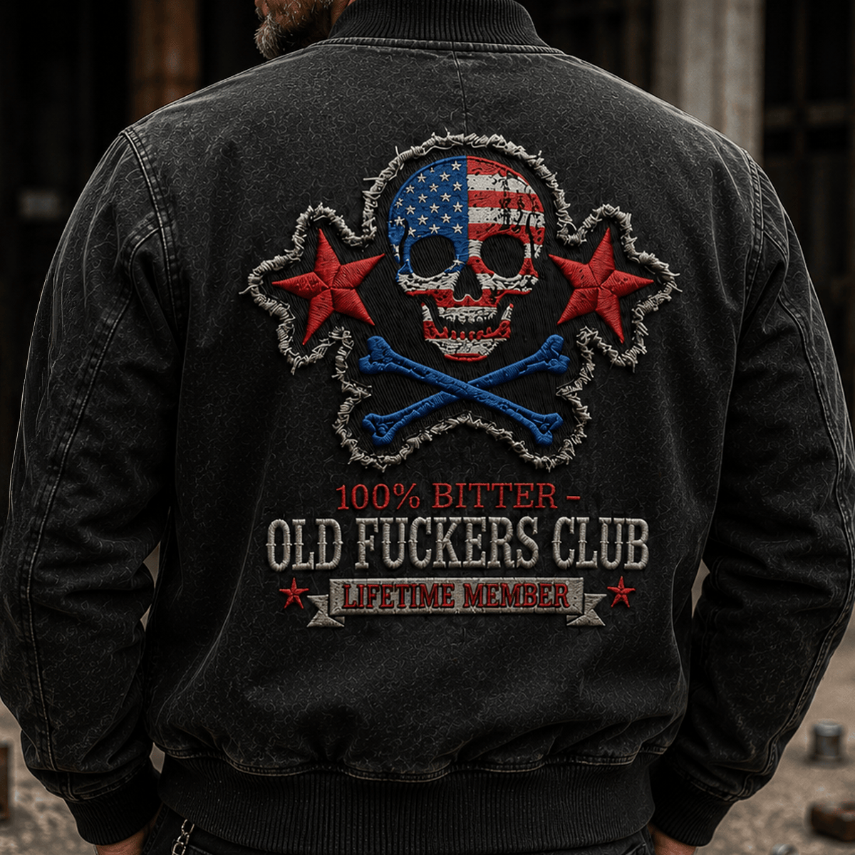 Bitter Old Fuckers Club Lifetime Member Printed Bomber Jacket USA Skull Patriotic Outerwear Father's Day Gift for Dad Grandpa