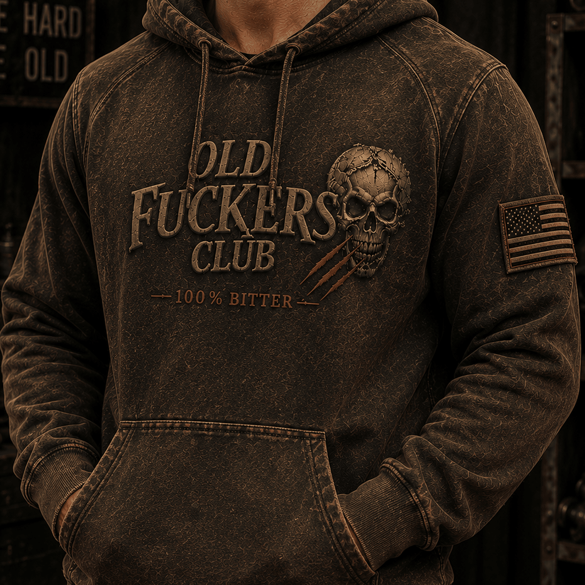 Old Fuckers Club Bitter Printed Hoodie Skull Graphic Pullover Father’s Day Gift for Dad Grandpa Veteran
