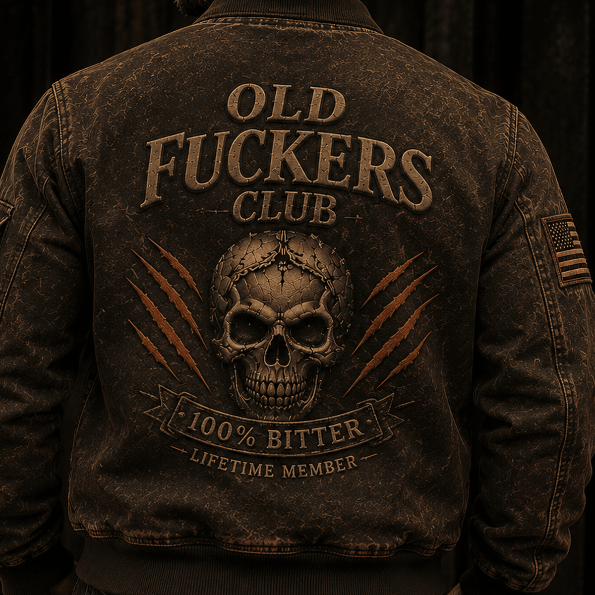 Old Fuckers Club Bitter Lifetime Member Printed Bomber Jacket Skull Graphic Patriotic Father’s Day Gift for Dad Grandpa Veteran