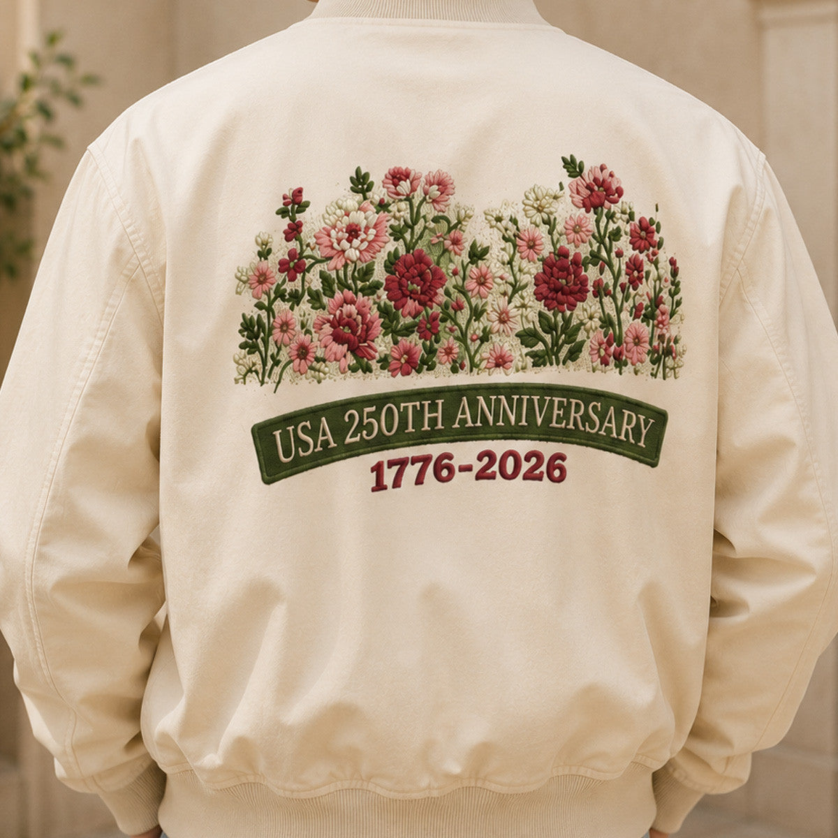 USA 250th Anniversary 1776-2026 Printed Floral Bomber Jacket Patriotic American Heritage Gift For Mom Mother’s Day USA