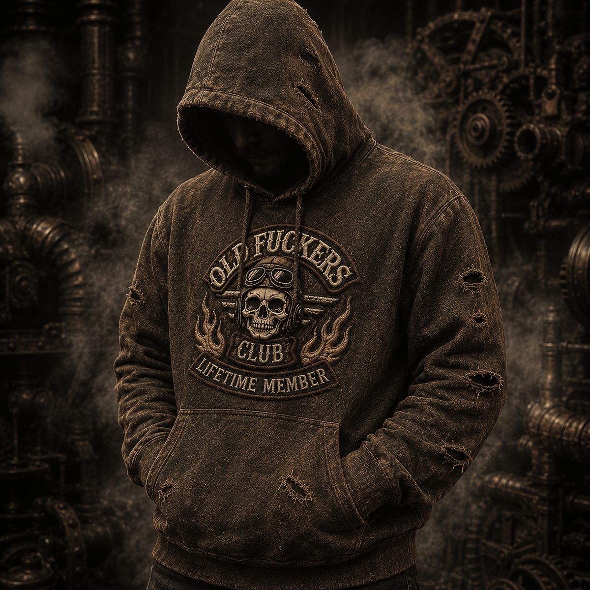 Old Fuckers Club Lifetime Member Printed Hoodie Skull Rider Vintage Graphic Pullover Father's Day Gift for Dad Grandpa Biker