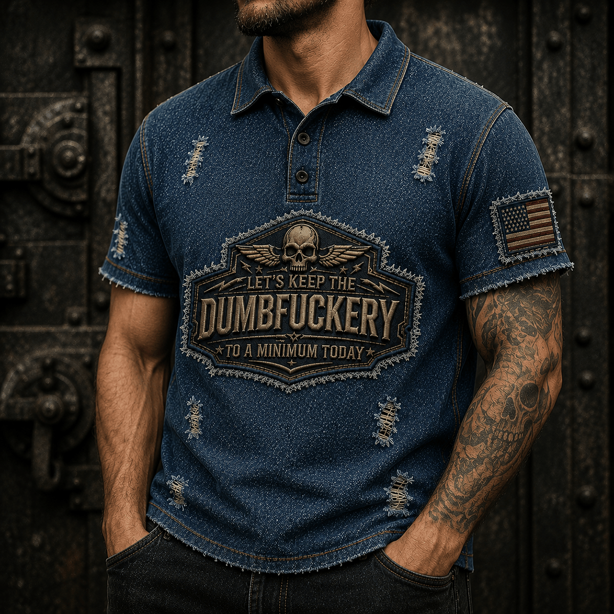 Let's Keep The Dumbfuckery To A Minimum Today Printed Polo Shirt Funny Veteran Skull American Flag Father's Day Gift for Dad Grandpa