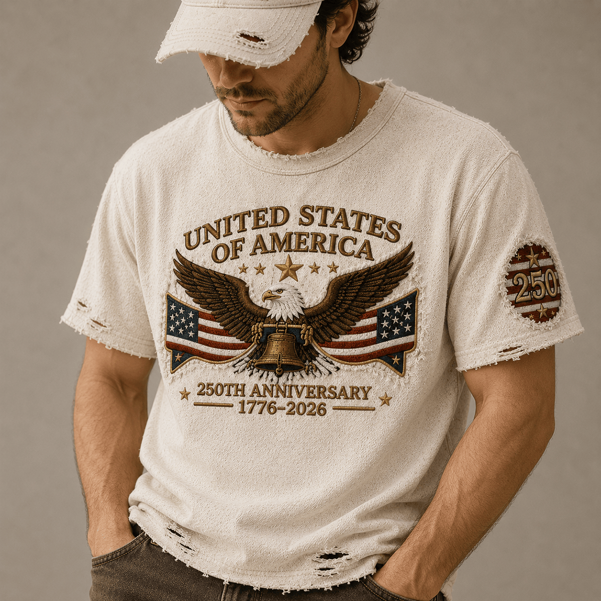 United States of America 250th Anniversary 1776-2026 Printed T-Shirt Patriotic Eagle USA Flag America 250 Father’s Day Gift