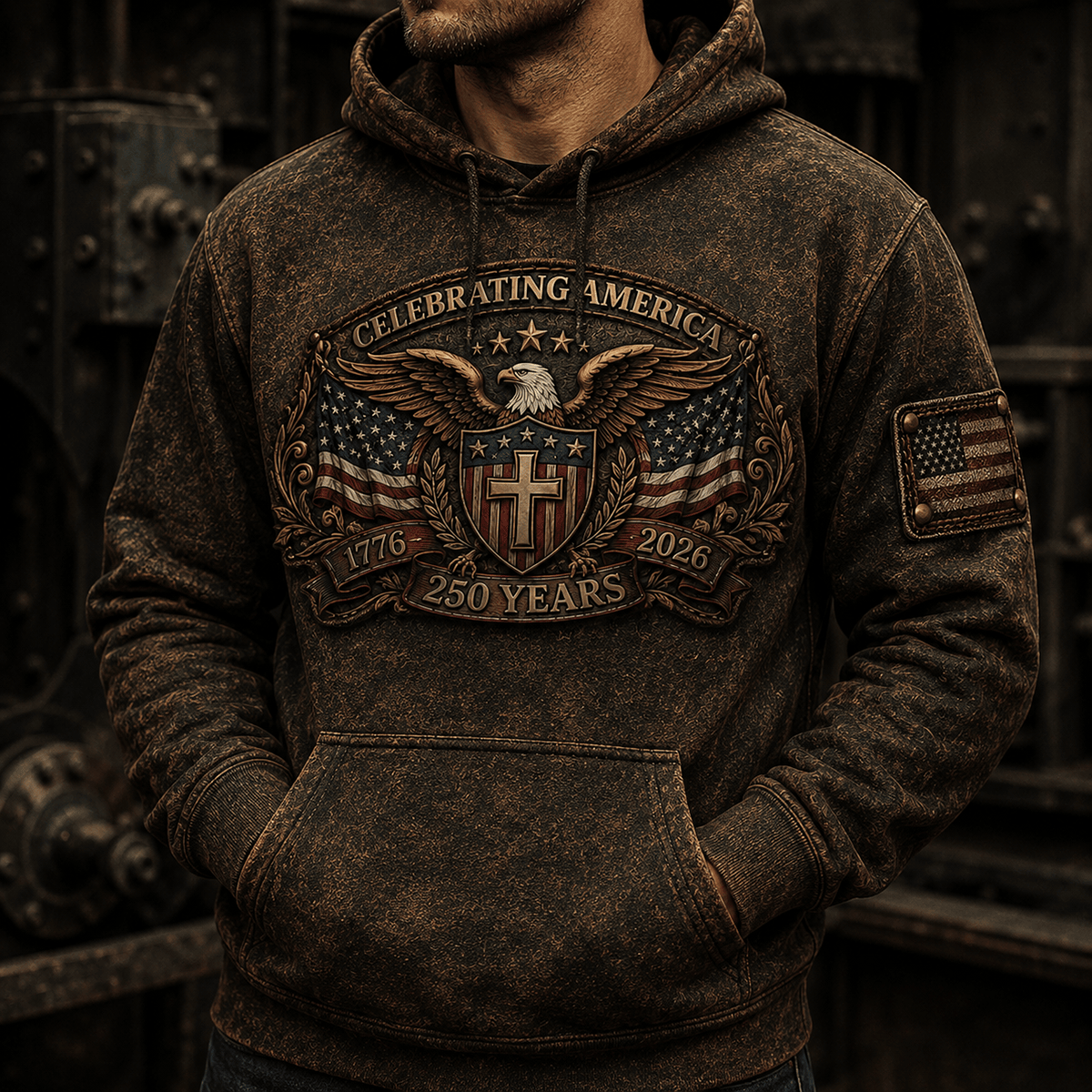 Celebrating America 250 Years Printed Hoodie Christian Eagle Cross USA Flag Patriotic Veteran Gift for Dad Father’s Day 2026