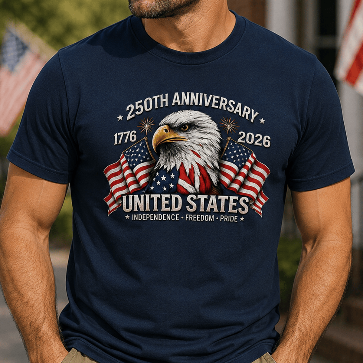 250th Anniversary United States Independence Freedom Pride Printed T-Shirt Patriotic Eagle USA Flag Father’s Day Gift for Dad