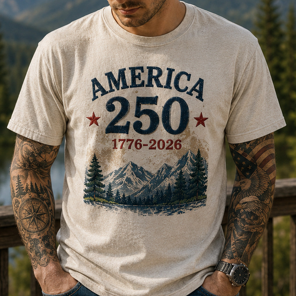America 250 1776-2026 Printed T-Shirt Patriotic USA 250th Anniversary Independence Day Gift for Dad Grandpa Veteran