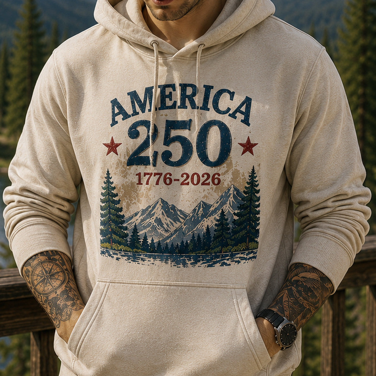 America 250 1776-2026 Printed Hoodie Patriotic USA 250th Anniversary Independence Day Gift for Dad Grandpa Veteran