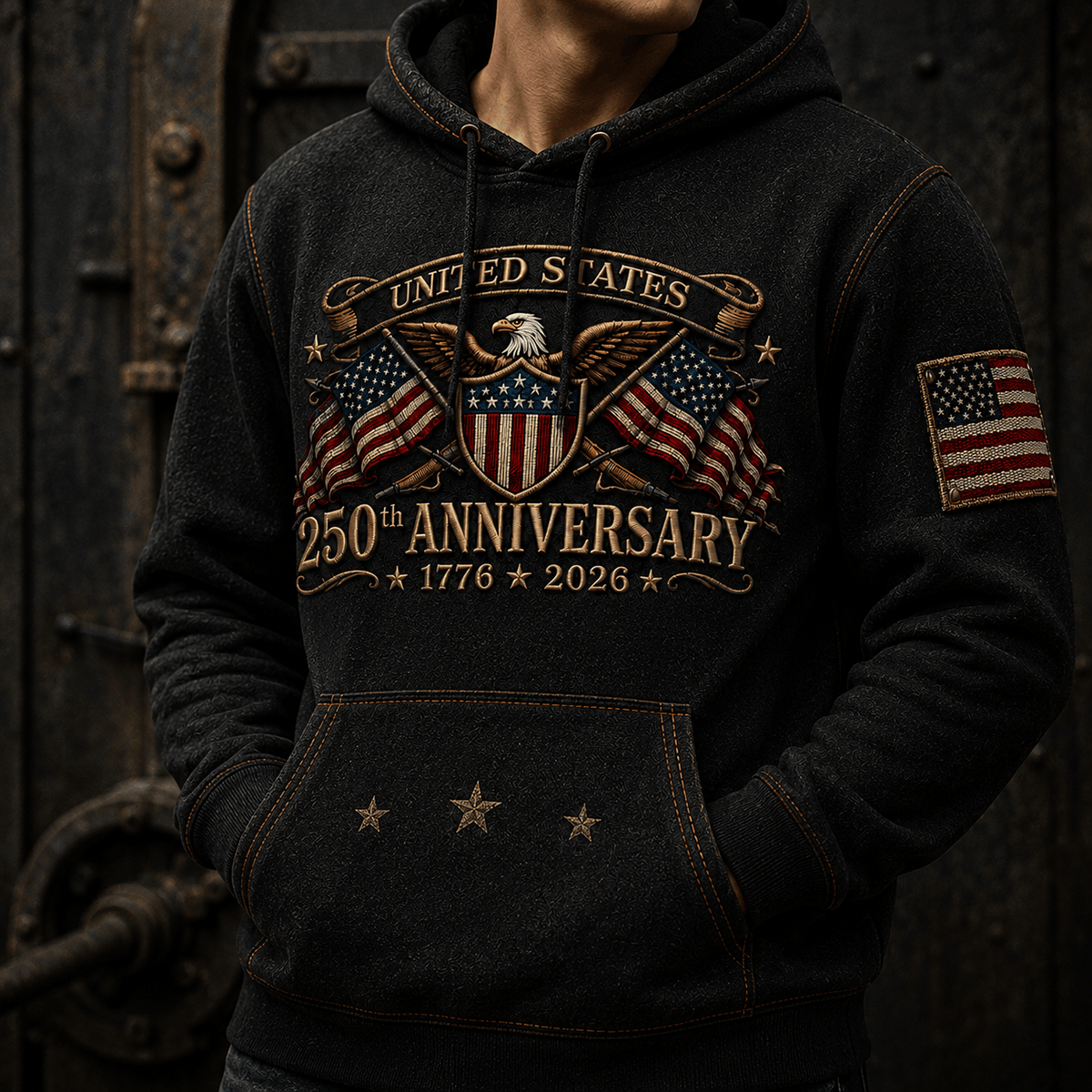 United States 250th Anniversary 1776–2026 Printed Hoodie Patriotic Eagle USA Flag Father's Day Gift for Dad Veteran Independence Day
