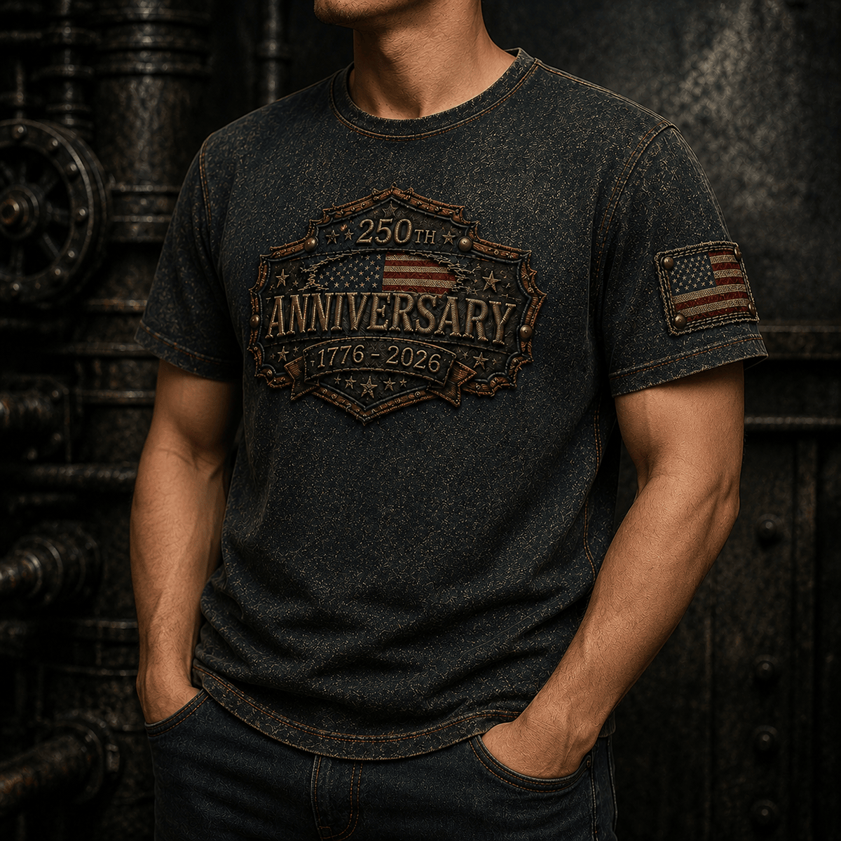 250th Anniversary 1776-2026 Printed T-Shirt Patriotic USA Flag Independence Day Father's Day Gift for Dad Veteran America