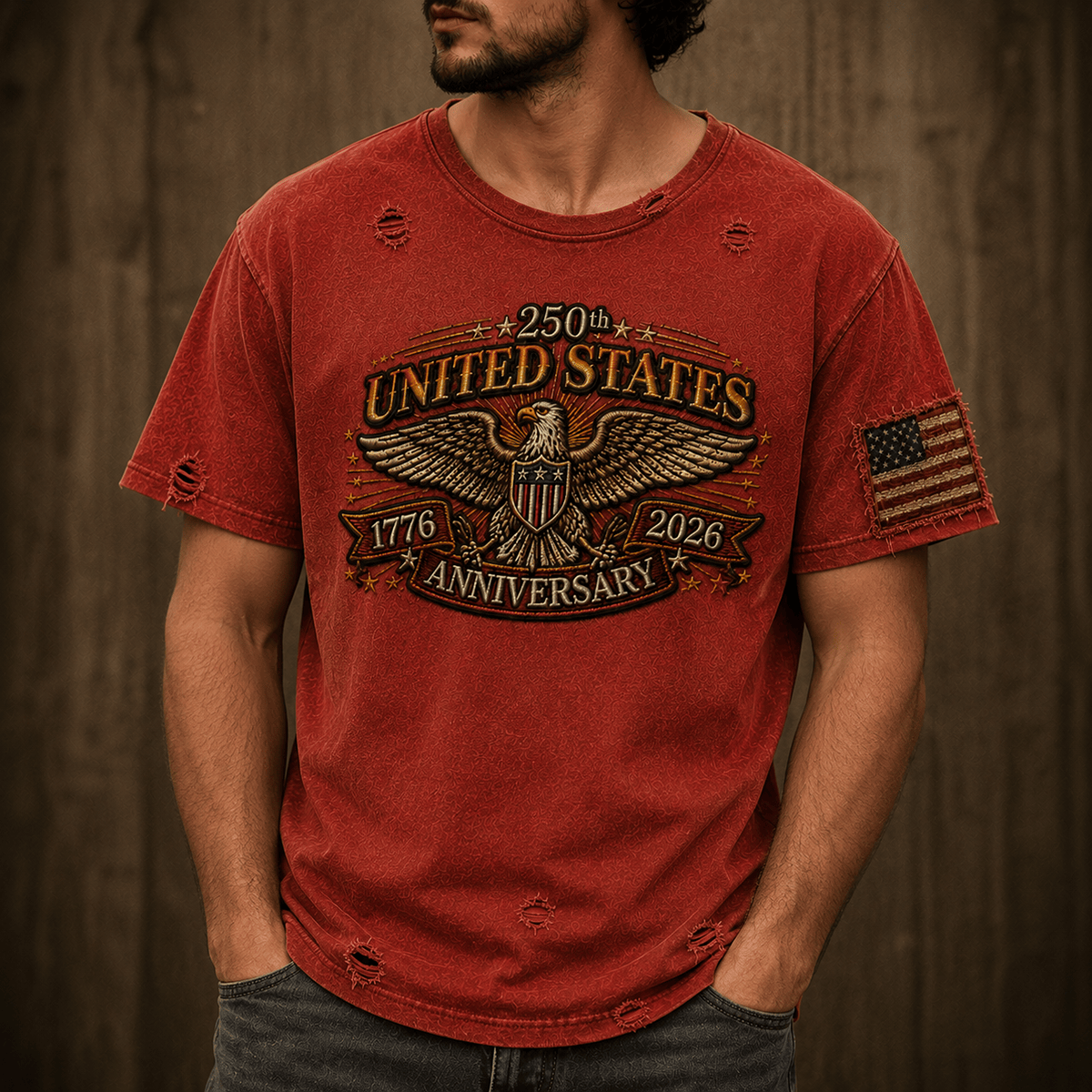 250th United States Anniversary 1776-2026 Printed T-Shirt Patriotic Eagle USA Flag Independence Day Veteran Gift for Dad Father's Day