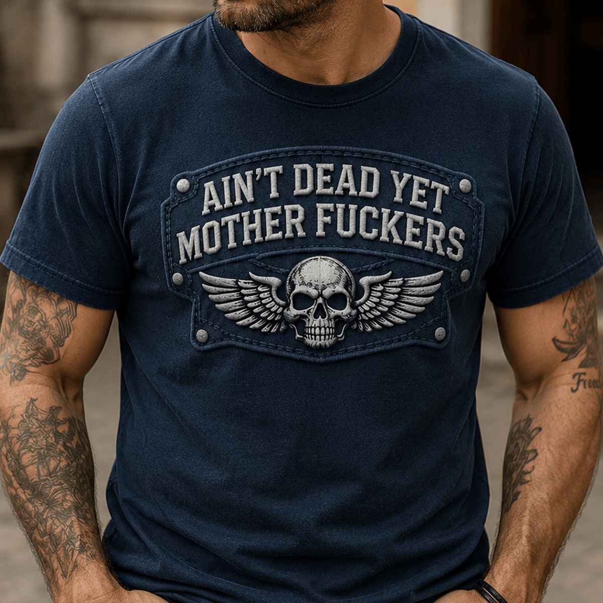 Ain't Dead Yet Mother Fuckers Printed T-Shirt Skull Wing Biker Shirt Father's Day Gift for Dad Grandpa Motorcycle Rider Tee
