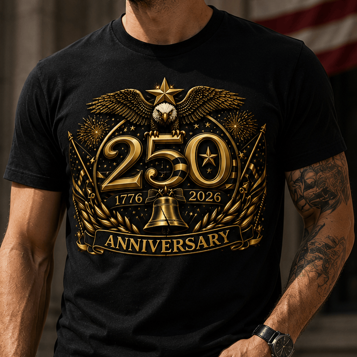 250th Anniversary 1776-2026 Anniversary Printed T-Shirt Patriotic Eagle USA Flag Father's Day Gift for Dad Veteran Independence Day Tee