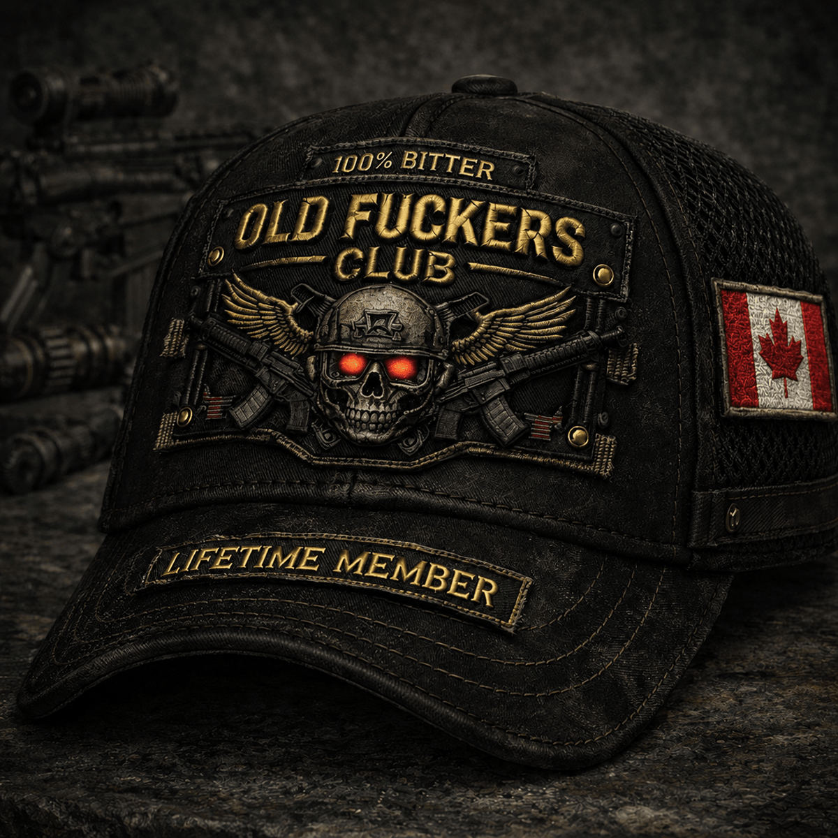 Old Fuckers Club Lifetime Member Printed Cap Skull Canadian Veteran Trucker Hat Gift for Dad Grandpa Motorcycle Rider