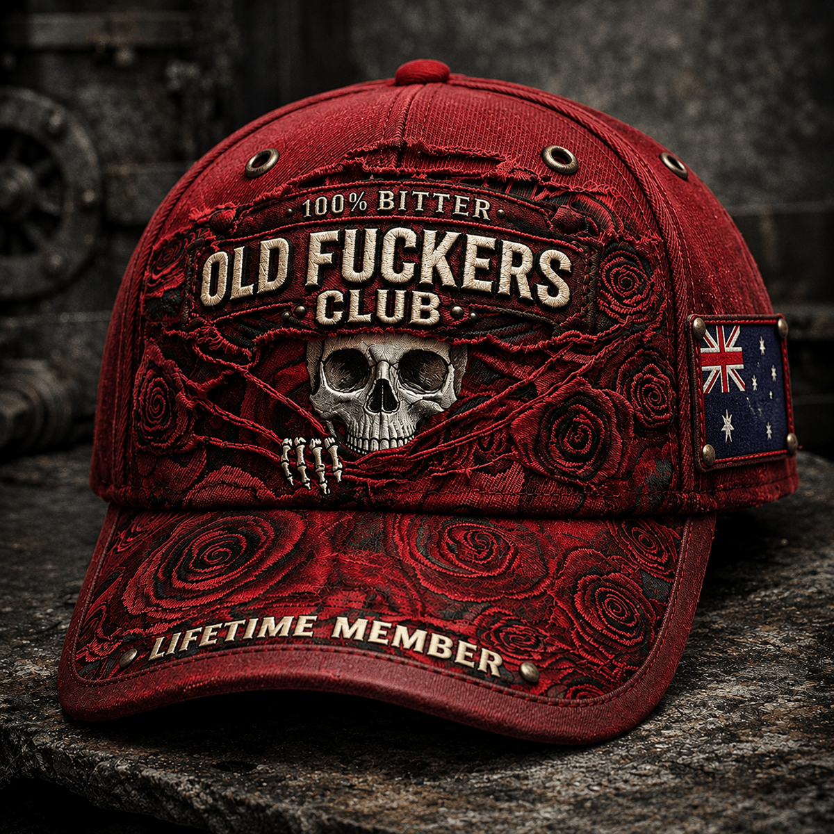 Old Fuckers Club Lifetime Member Printed Cap Skull Rose Gothic Australian Trucker Hat Father's Day Gift for Dad Grandpa
