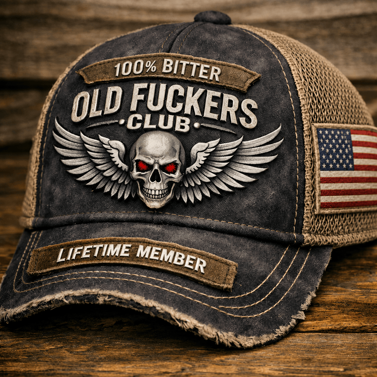 Old Fuckers Club Lifetime Member Printed Cap Skull Wings Trucker Hat Patriotic Biker Gift for Dad Grandpa Motorcycle Rider