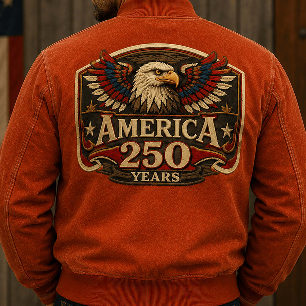 America 250 Years Eagle Printed Bomber Jacket Patriotic USA Flag Independence Day Veteran Gift for Dad Father's Day Apparel