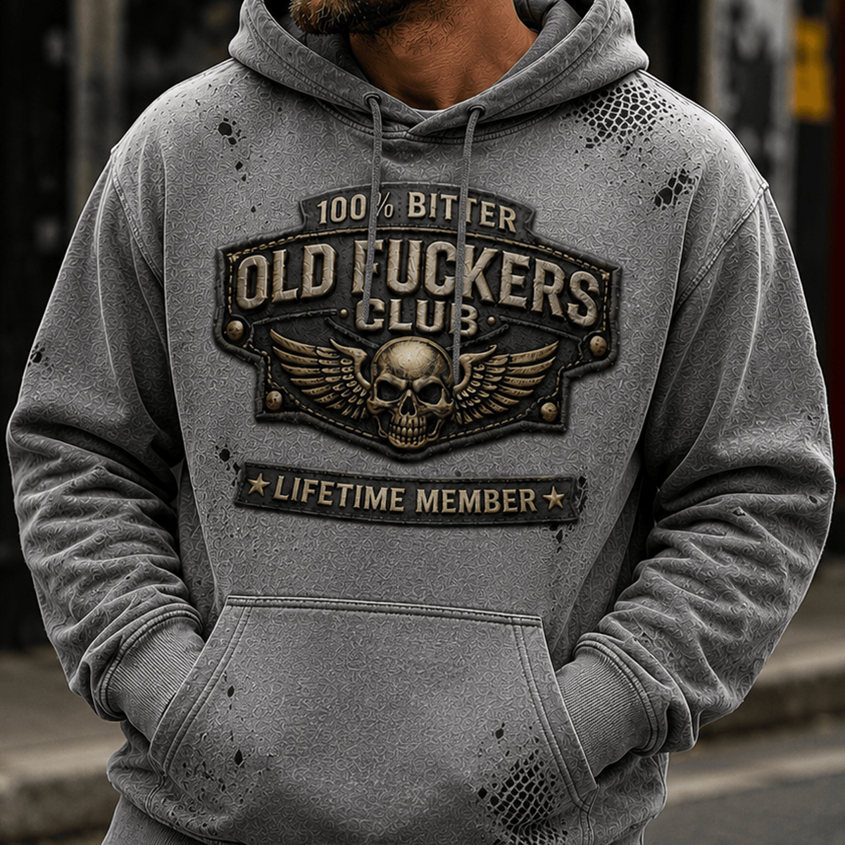 Bitter Old Fuckers Club Lifetime Member Printed Hoodie Skull Wings Father's Day Gift for Dad Grandpa Veteran Pullover
