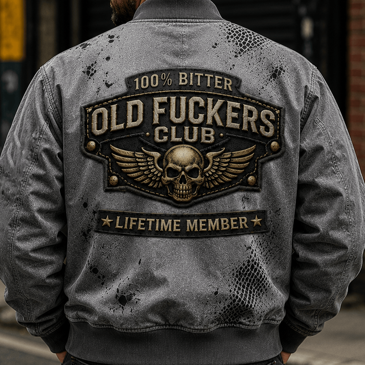 Bitter Old Fuckers Club Lifetime Member Printed Bomber Jacket Skull Wings Father's Day Gift for Dad Grandpa Veteran Style