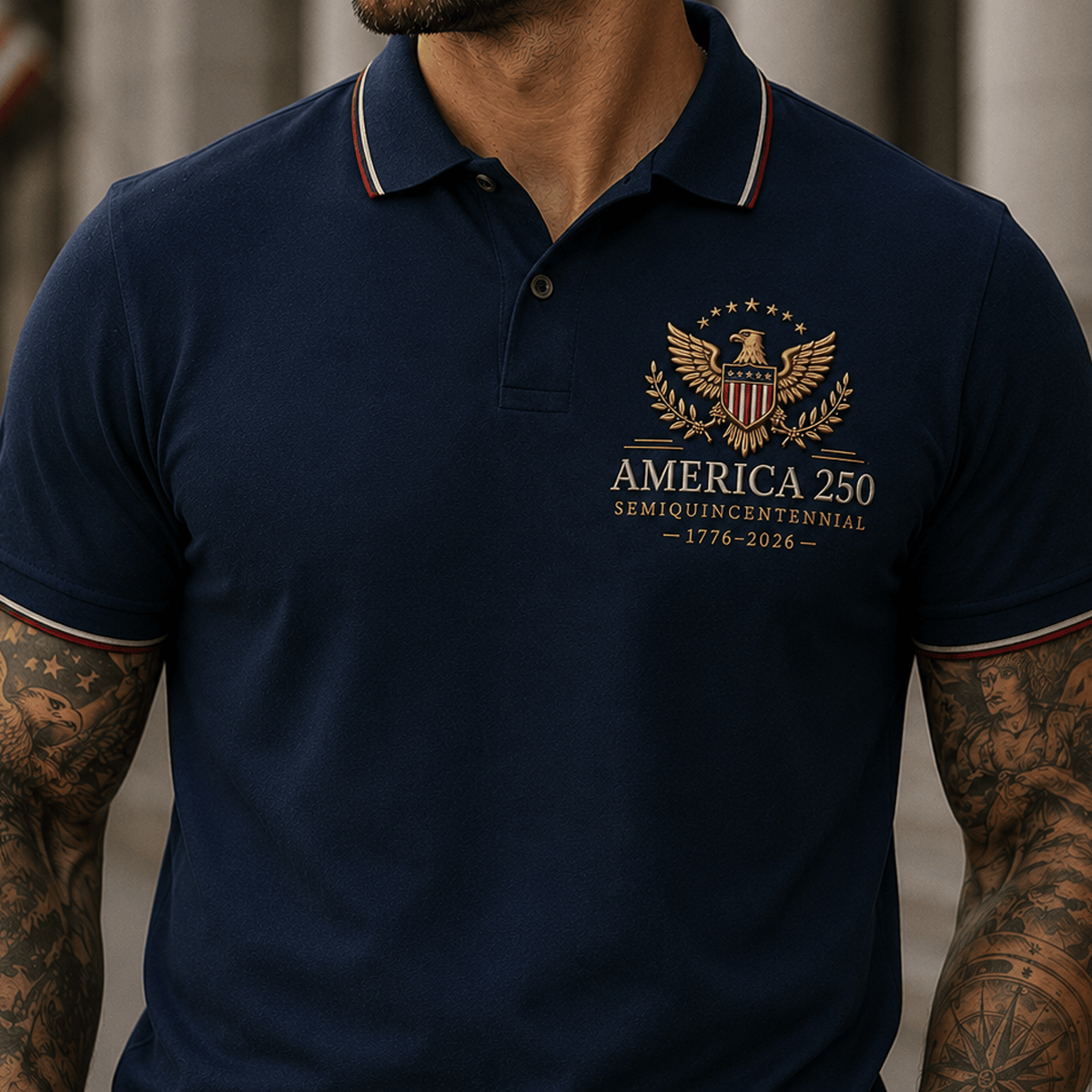 America 250 Semiquincentennial 1776-2026 Printed Polo Shirt USA Eagle Patriotic Independence Day Father's Day Gift For Dad Veteran